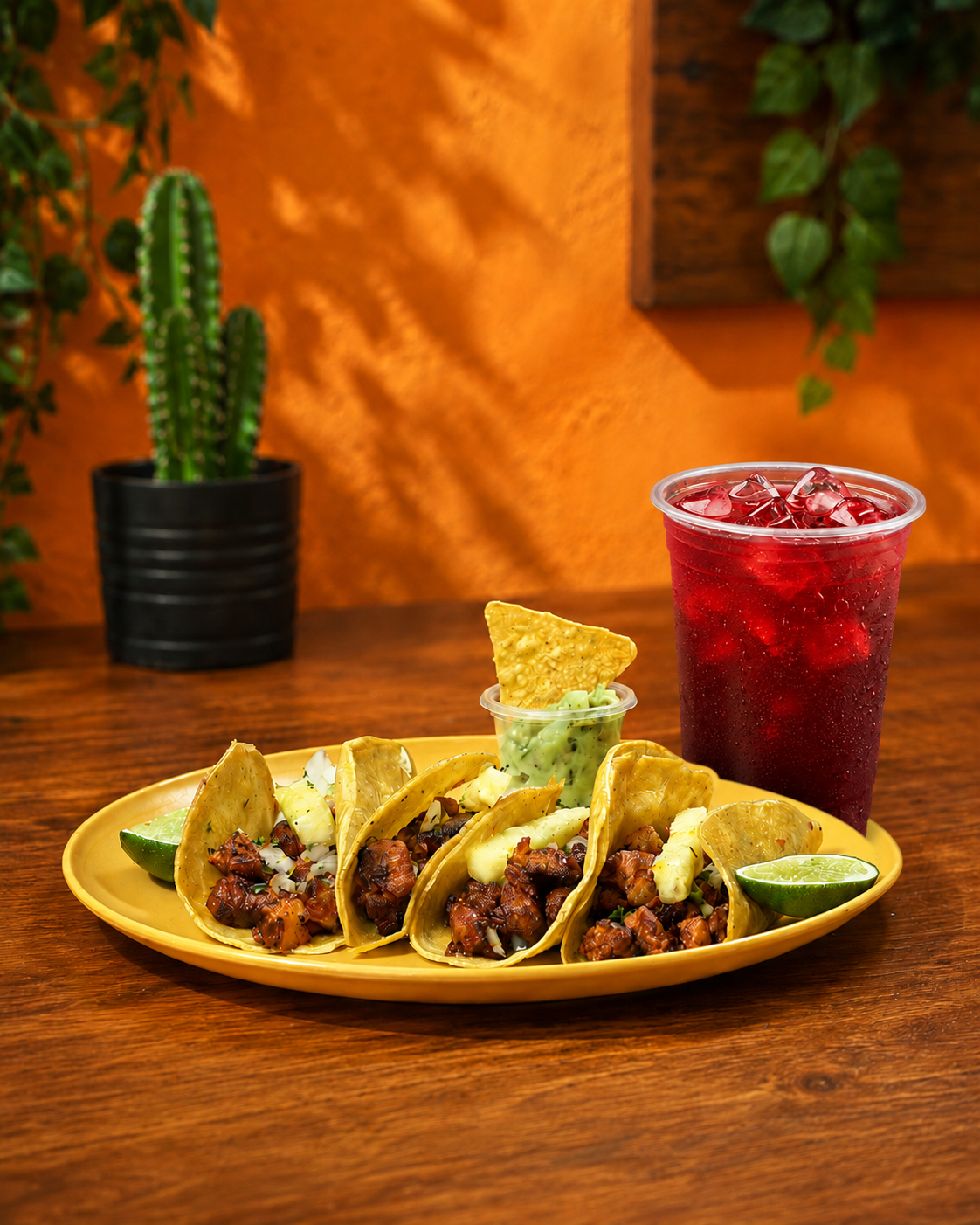Tacos al pastor servidos con limón y salsas